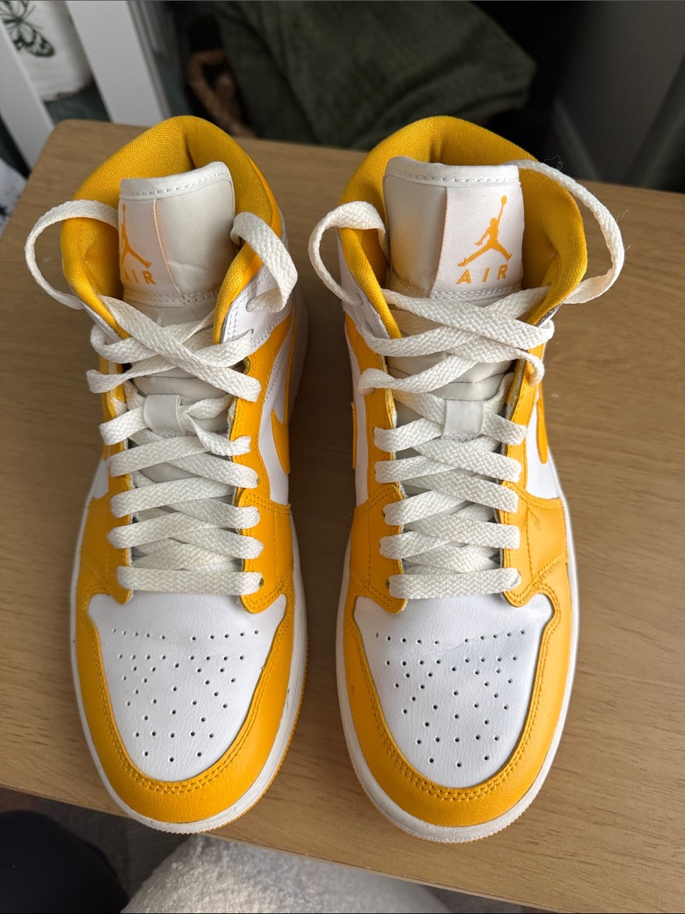 Nike Air Jordan 1 Mid White and Yellow Basketball Sneakers - Picture 3 of 7